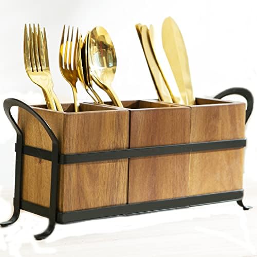NelyBet Utensil Caddy Silverware Cutlery Holder with 3 Compartment, Wooden Utensil Crock Flatware Organizers with Metal 