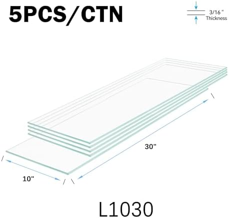 10" x 30" - 5-Pcs Tempered Glass Rectangular Shelves - 3/16" Thick - Home & Office Storage Racks