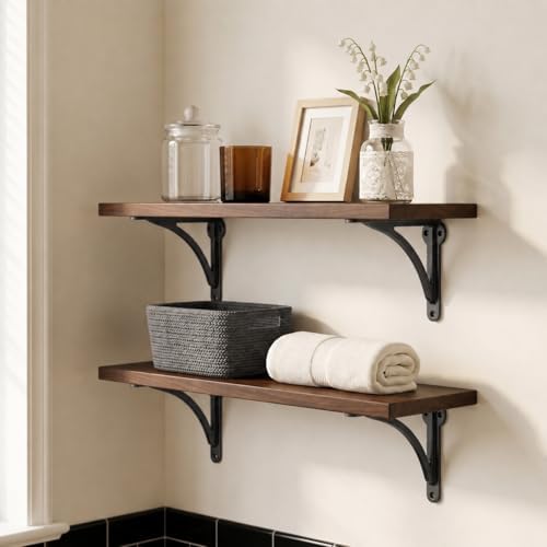 Khtumeware 100% Solid Brass Decorative Shelf Brackets, 8-inch Wall-Mounted Shelving Brackets, 2-Pack Matte Black Vintage