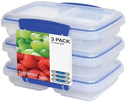 Sistema 3-Piece Food Storage Containers with 2 Compartments and Lids for Meal Prep, Dishwasher Safe, 11.8oz, Clear/Blue