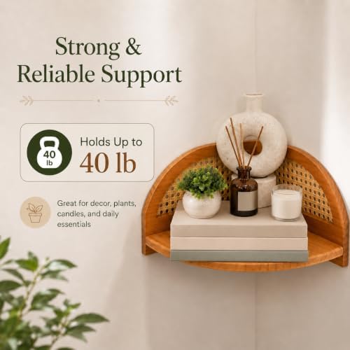 2 Pack Arched Boho Corner Shelf, Rattan Floating Wood Wall Shelves