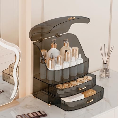Makeup Organizer Countertop Vanity with Transparent Lid Drawers Waterproof Dustproof Cosmetic Skincare Bathroom Storage 