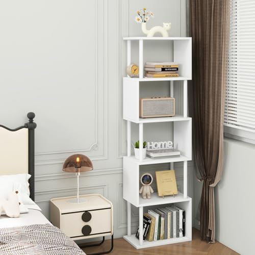 IBUYKE 6-Tier Tall Bookshelf,S-Shaped Geometric Bookcase,White WBC016W