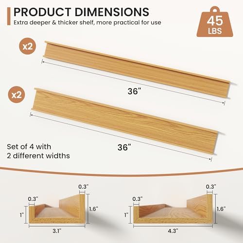 Fun Memories Picture Ledge Shelves Set of 4, 36 Inch Rustic Wall Mounted Floating Shelves with Lip for Home Storage and 