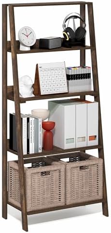 Furinno Ladder 5-Tier Book Shelf, Leaning Standing Shelf, Amber Pine