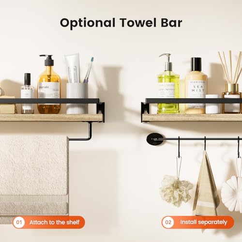 Amada Bathroom Shelves with Towel Bar, Set of 2, Light Brown