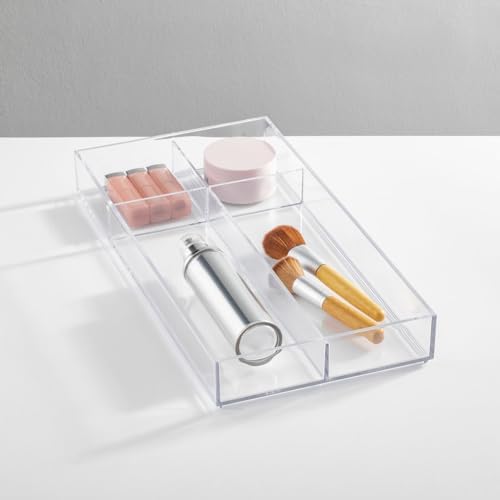mDesign Plastic Divided Makeup Organizer Holder Tray for Bathroom Drawer, Vanity, Countertop Storage - Cosmetic Organiza