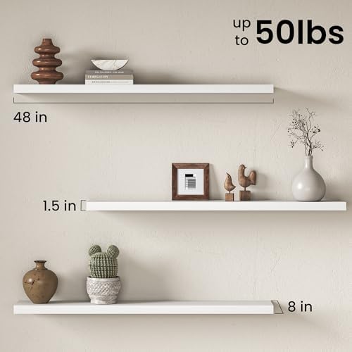 48" Floating Shelves for Wall, Set of 2, 8" Deep, 1.5" Thick, White