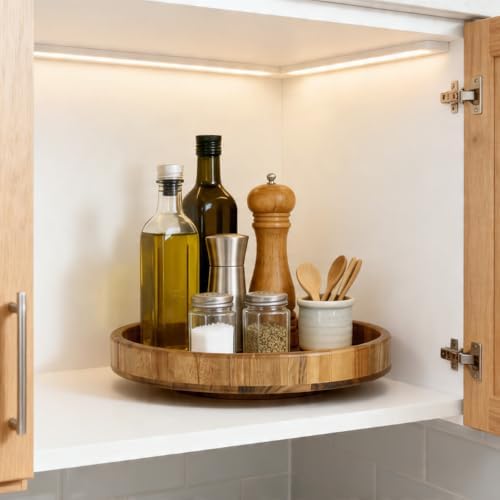 12'' Acacia Wood Lazy Susan Organizer Turntable for Cabinet, Round Wooden Spice Organization and Storage, Rotating Condi