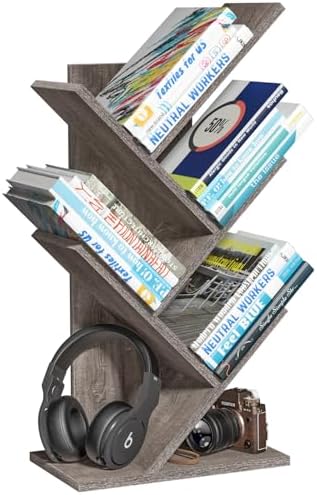 SHEEPAM Small Tree Book Shelf,5 Tier Bookshelf, Wood Desktop Bookcase