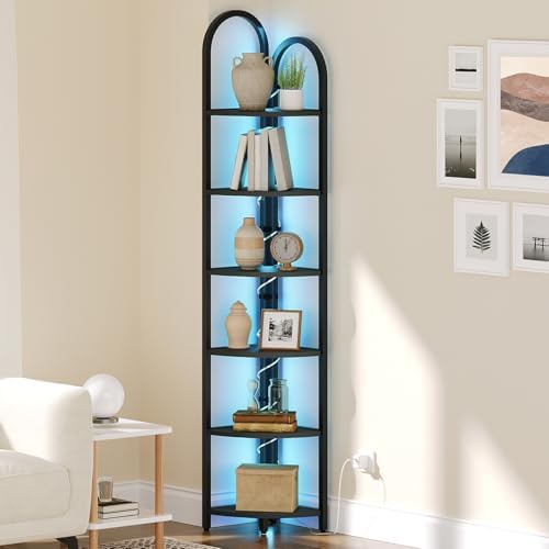 MAHANCRIS 6 Tier Corner Shelf with LED Light, 74.6'' Tall Corner Bookshelf Stand, Narrow Display Bookcase with Storage R
