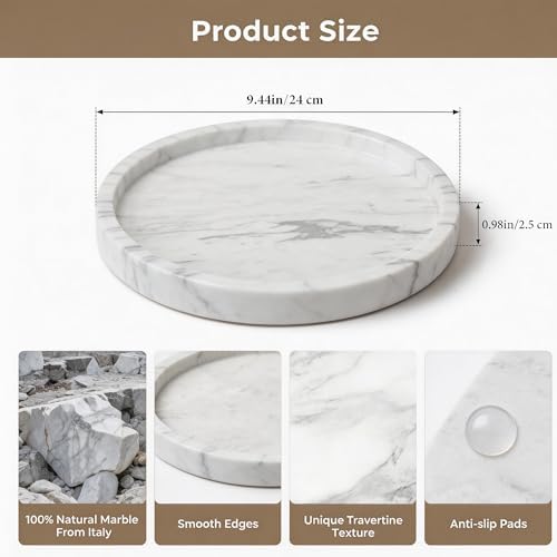 Natural Marble Decorative Tray for Bathroom Bedroom Kitchen Dresser, Round Vanity Trays for Jewelry, Perfume, Cosmetic, 
