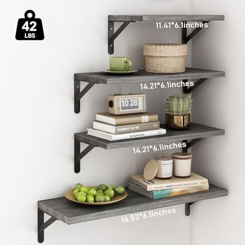YGEOMER 4 Different Sizes Floating Shelves for Wall Decor, Weathered Gray