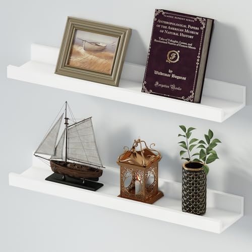 SAUMONIERES Picture Ledge Shelf Floating Book Shelves Set of 2 Wall Mounted Solid Wood for Bedroom Bathroom Living Room 