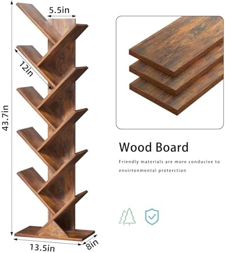 10 Tier Tree Book Shelf, Floor Standing Wood Bookshelf for Narrow Space