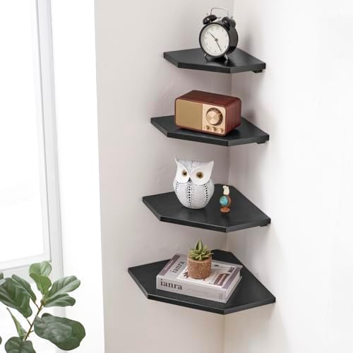 Corner Wall Shelves Set 2 Solid Oak Wood with Wire Hole Wall Mount,Black