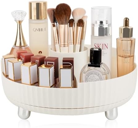 360 Rotating Makeup Perfume Organizer Skincare with Divider, Large Beige