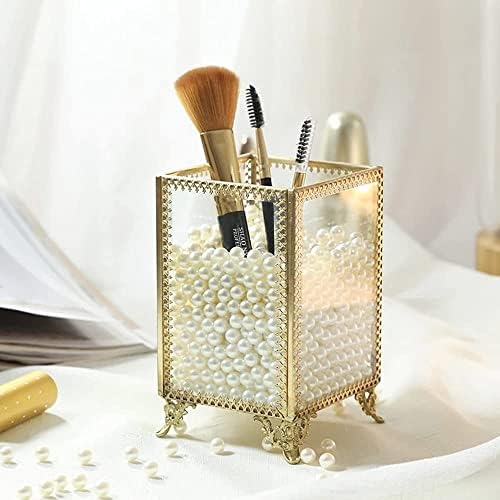 HKS Makeup Brush Holder Vintage Glass Handmade Organizer with White Pearls for Nail Brush, Vanity, Bathroom, Dresser, Co