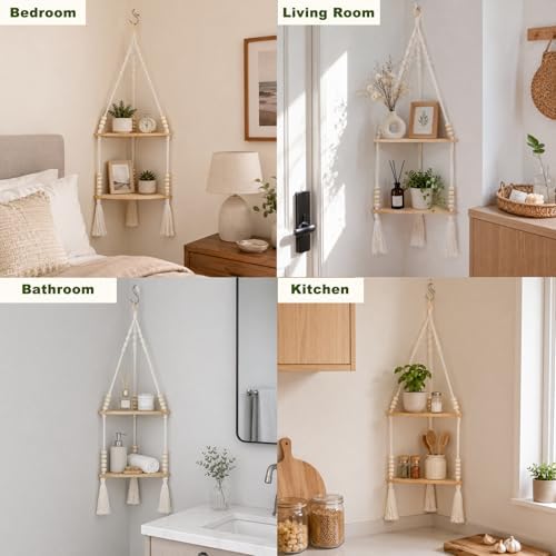 Artilady Macrame Wall Hanging Corner Shelf, Adjust Boho Storage Wall Decor