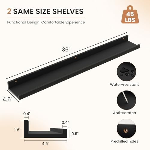 Dreamland Picture Ledge Shelf for Wall, Floating Shelves Set of 2, 36 Inch Long Floating Shelves with Lip for Living Room, Bedroom, Bathroom, Kitchen, Black
