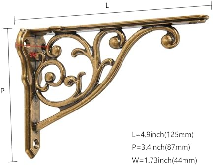 Ornate Decorative Shelf Brackets 5x3.5 inch Small Wall Mounted Shelving Bracket 4 Pack Antique Brass Vintage Shelf Brack