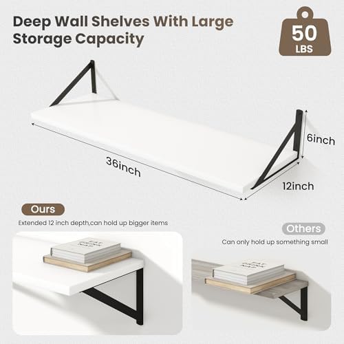 Marsmiles Deep Floating Shelves, 36'' x 12'' White Wood Shelves Set of 2