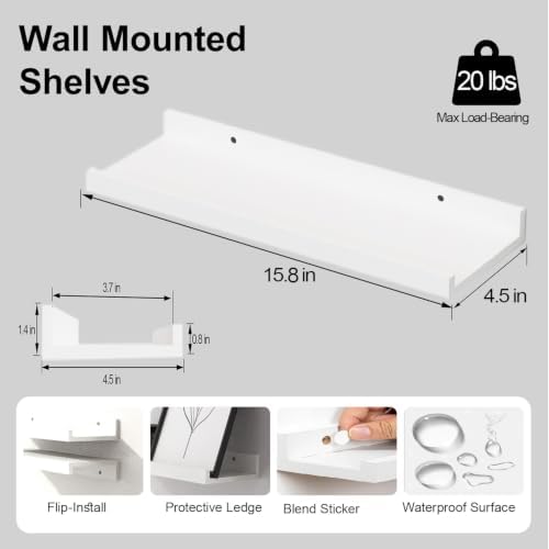 White Floating Shelves for Wall Decor, 16 in Shelf with Lip Set of 2