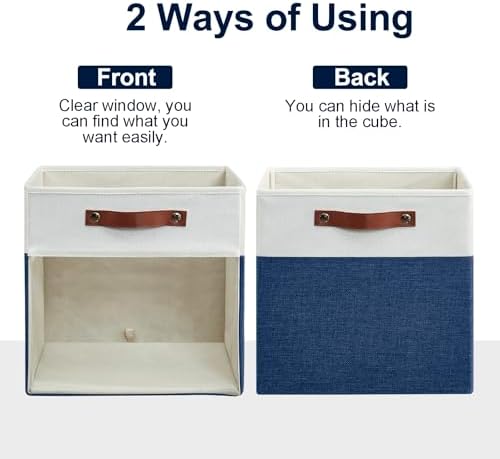 Bagnizer Storage Cubes, 4 Pack Linen Foldable Storage Bins (13 x 13 inch) with Clear Window and Handles, Fabric Organizer for Shelf Closet, Clothes, Books - (Navy Blue and White)