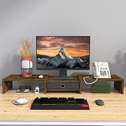 WESTREE Dual Monitor Stand Riser with Drawer, 3 Shelf Computer Monitor Riser with Adjustable Length and Angle, Desktop M