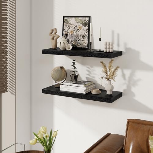 Black Floating Shelves for Wall, 27.5 Inch Bathroom Shelves Set of 2, Rustic Wood Wall Shelf with Invisible Brackets for