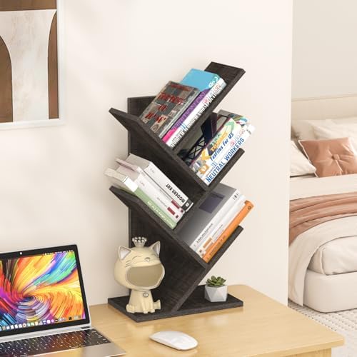 SHEEPAM Small Tree Book Shelf,5 Tier Bookshelf, Wood Desktop Bookcase
