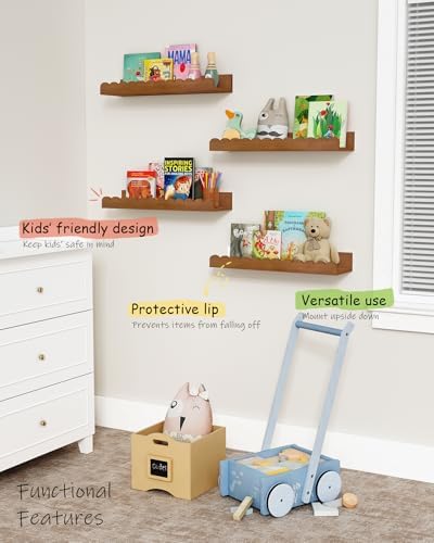 Harwaya Walnut Nursery Book Shelves for Wall, Scalloped Floating Bookshelf
