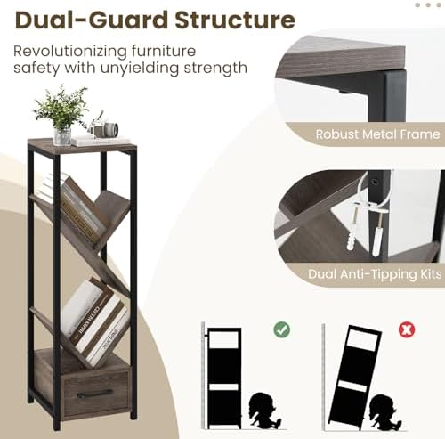 GIANTEX Tree Bookshelf with Drawer, 4-Tier Narrow Bookcase with Metal Frame, Tall Floor Standing Storage Organizer for S