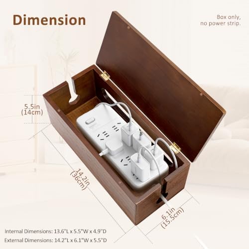 Large Wooden Cable Management Box, Power Strip Cord Organizer Box