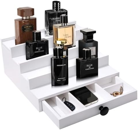 4 Tier White Cologne Organizer, Wooden Display Stand with Drawer Storage