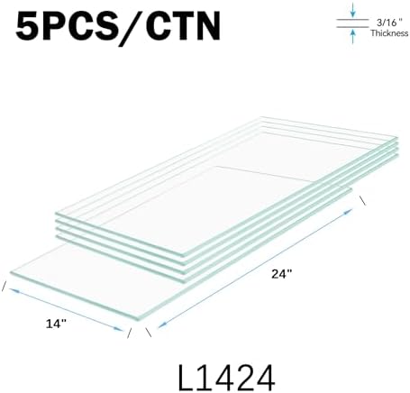 14" x 24" - 5-Pcs Tempered Glass Rectangular Shelves - 3/16" Thick - Home & Office Storage Racks