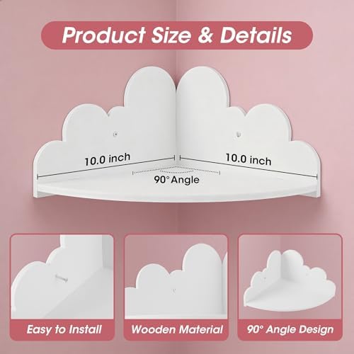White Cloud Floating Corner Shelves Set of 3, Corner Shelves Wall Mounted for Kids Room Nursery, Cloud Decor Wall Shelf 