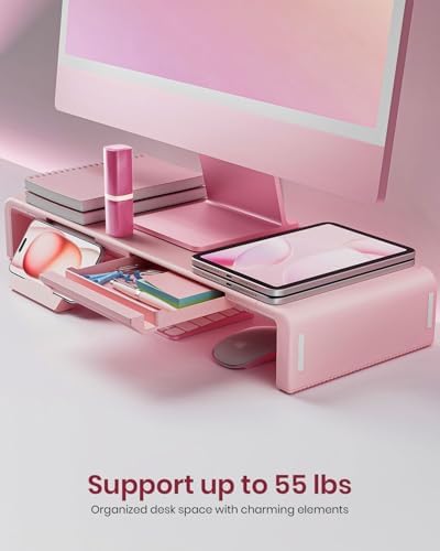 Pink Monitor Stand Riser, Klearlook Foldable, Height Adjustable Computer Stand, Desk Shelf Riser with Storage Drawer &Ta