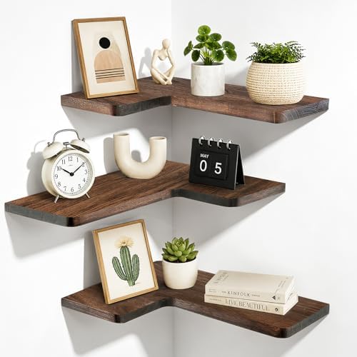 Solid Wood Corner Floating Shelves, L-Shaped, Brown, Set of 3