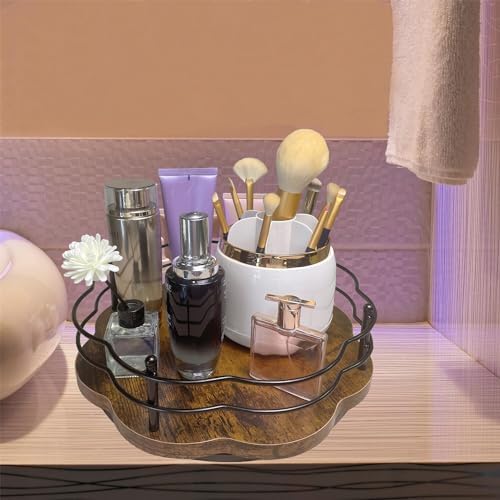 2 Pack, 11" & 12" Wooden Lazy Susan Turntable with Higher Metal Sides, 360° Rotating Lazy Susan Organization and Storage