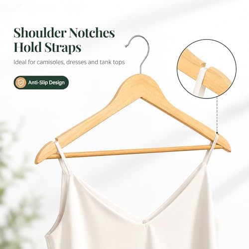 MIZGI 30-Pack Natural Wood Hangers, 0.47” Slim, 360° Swivel, Pant Bar