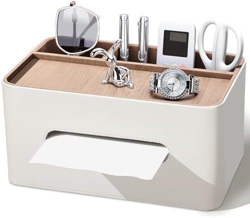 PU Leather Tissue Box Cover Rectangular with Storage Organizer, Multifunctional Remote Control Holder, Desk Organizer fo