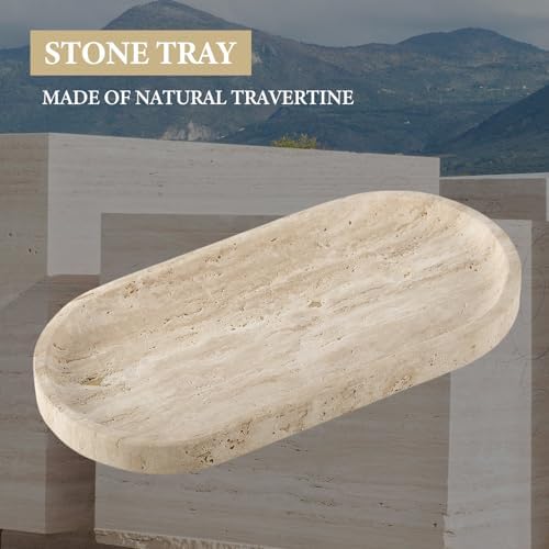 Koville Natural Marble Tray for Bathroom Counter, 10" x 5" Travertine Marble Storage Trays for Perfume, Cosmetics, Jewel