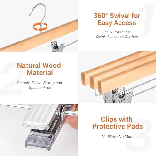HOUSE DAY Wooden Pants Hangers with Clips, 20 Pack Skirt Hangers, Natural