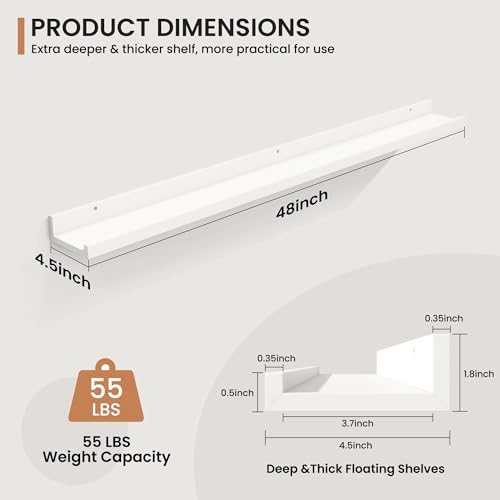 Fun Memories Picture Ledge Shelf, 48 Inch Floating Shelves Set of 2, Large Nursery Book Shelves for Kids, Wall Mounted B
