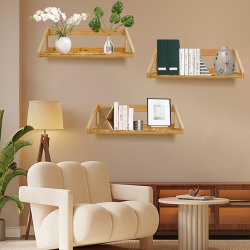 Floating Shelves Wall Mounted 3 Pcs Bamboo Wall Hanging Rack Holder