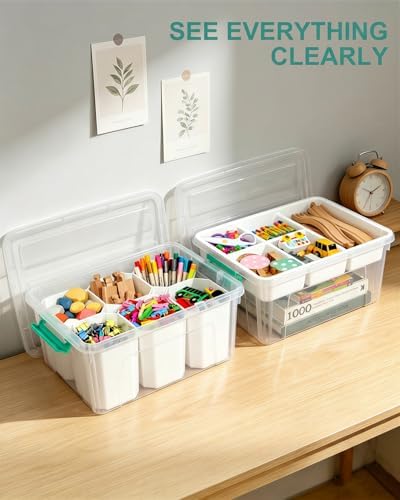 EOENVIVS Clear Storage Boxes with 6 Tall Inserts, Large Plastic Organizer Box with Lid and Handles, 15.94x11.61x7.28 Inc
