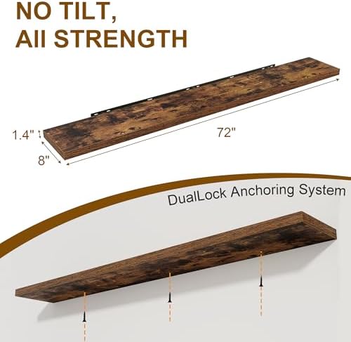 72 Inch Floating Shelves 2 Pack, 8 Inch Deep Floating Shelf Wall Mounted, Large Shelves with Invisible Bracket for Books