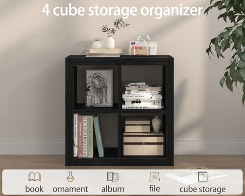 furtble Bookshelf with Storage Bin, 4-Cube Storage Organizer, Modern Wood Open Bookcase, Multifunctional Display Shelf f