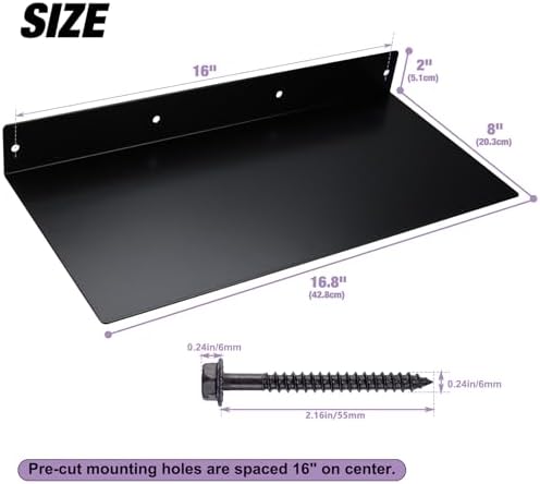 RealPlus Metal Floating Shelf 16.8" x 8" Modern Heavy Duty Steel Wall Mount Shelf, Black (Pack of 2)